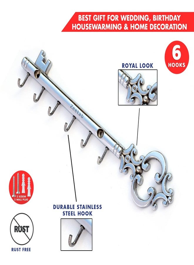 Zeetab Metal Royal Key Holder & Hanger with 6 Hooks | Rajwadi Wall Mount Key Stand | Home Decor Gift (24x6cm) (Chrome) - Image 3